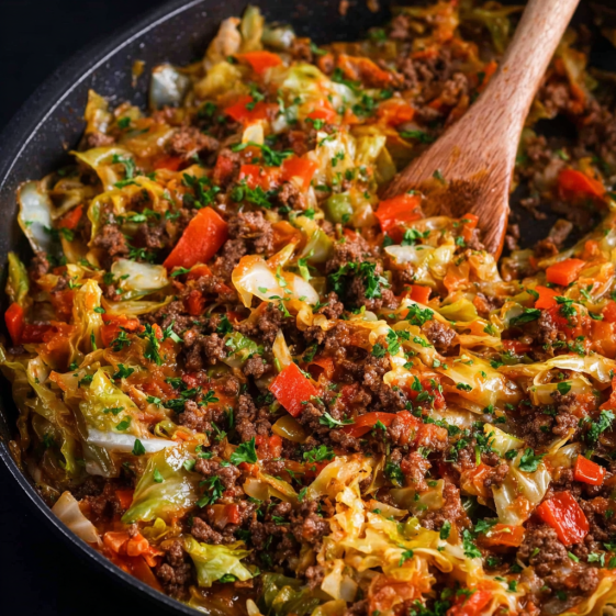 A skillet filled with ground beef and cabbage.