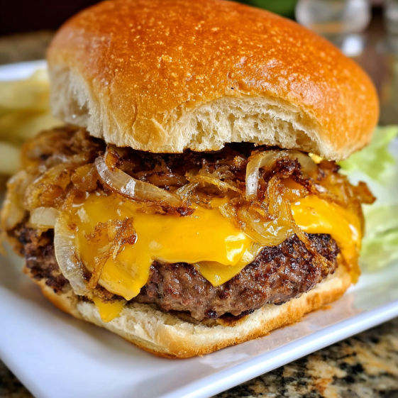 A close up of a burger with onions.