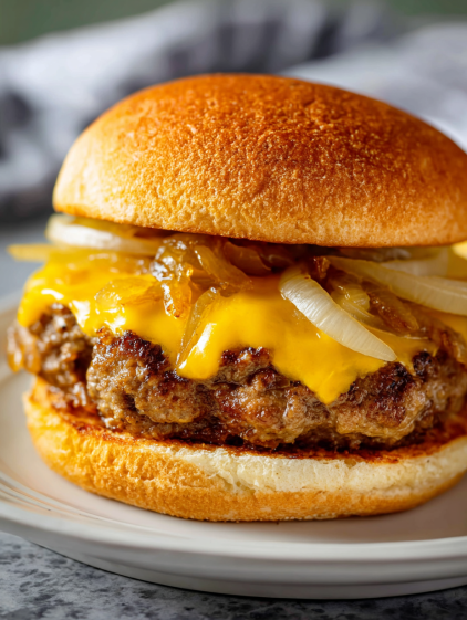 A close up of a hamburger with onions and cheese.