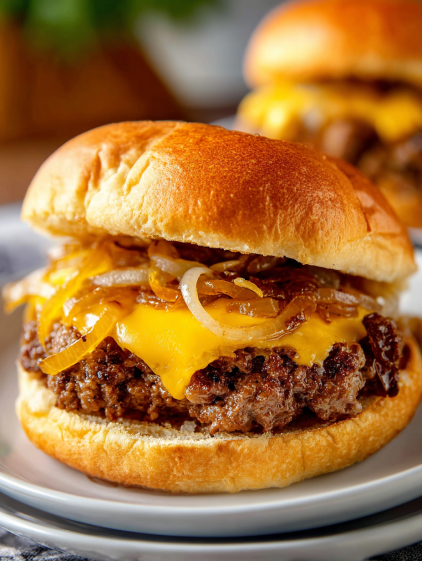 A close up of a hamburger with onions.