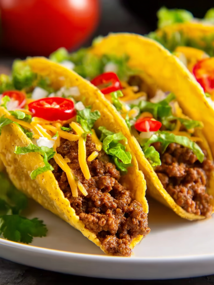 Two tacos with meat and vegetables.