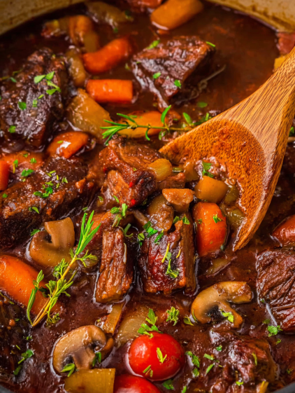 French style braised short ribs with carrots and mushrooms.