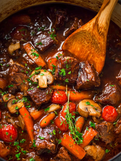 French style braised short ribs with mushrooms and carrots.