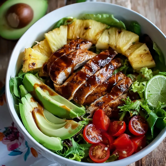 A bowl of chicken salad with pineapple, tomatoes, and avocado.