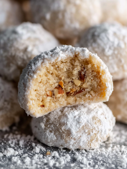 A close up of a snowball cookie with almonds.