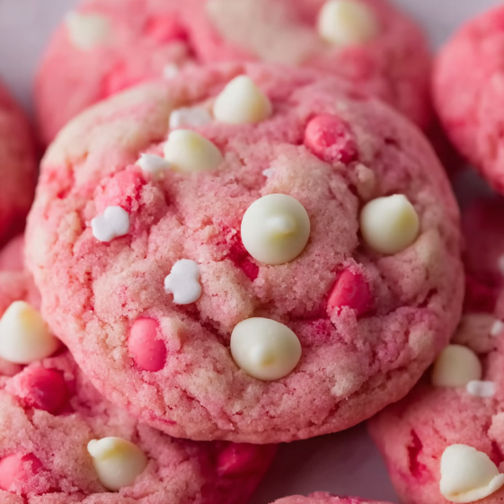A plate of pink cookies with white icing.