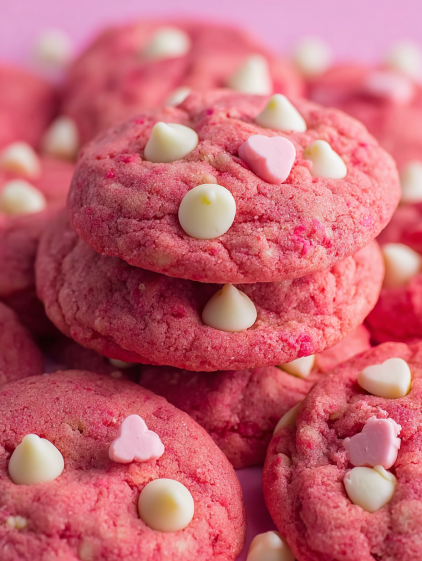 A stack of red cookies with white chocolate chips.
