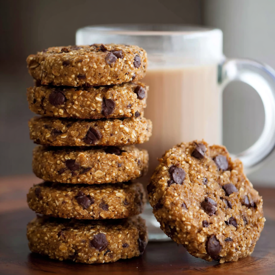 A stack of chocolate chip cookies next to a glass of coffee.
