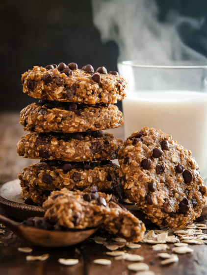 A stack of cookies with milk.
