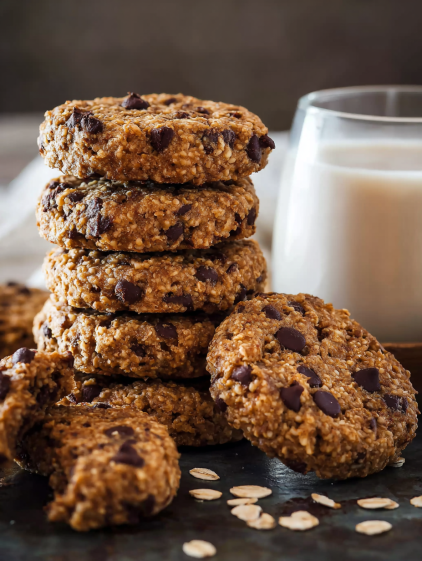 A stack of chocolate chip cookies with milk.