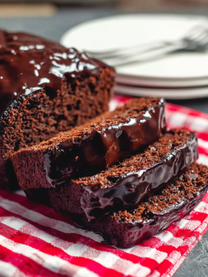 A slice of chocolate cake on a red and white checkered tablecloth.