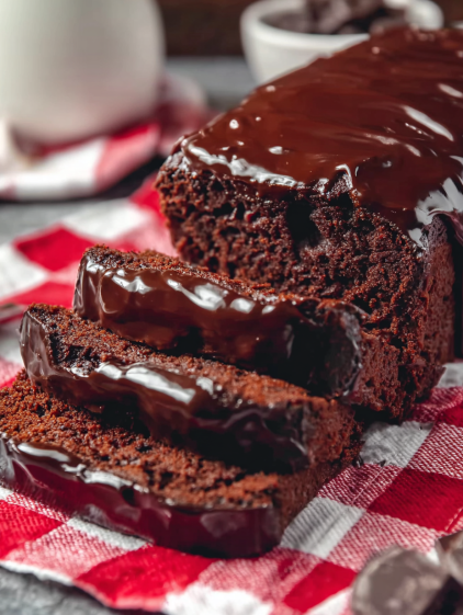 A slice of chocolate cake on a red and white checkered cloth.