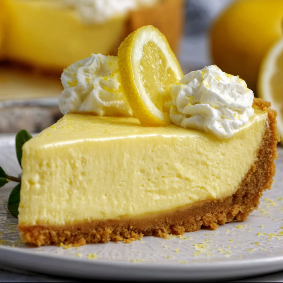 A slice of lemon cheesecake with whipped cream on top.