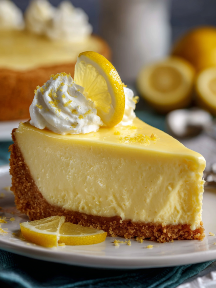 A slice of lemon cheesecake with a lemon wedge on top.