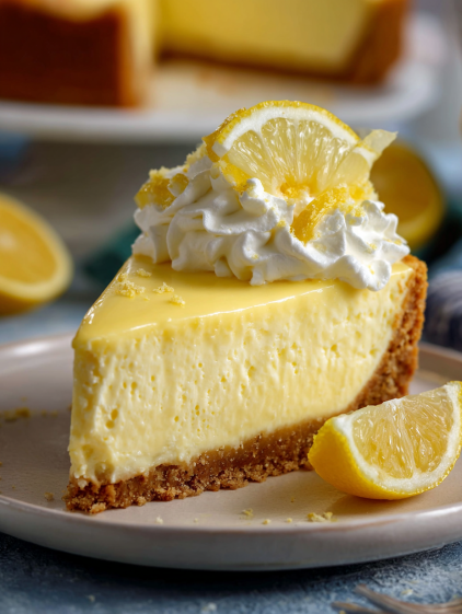 A slice of lemon cheesecake with whipped cream on top.