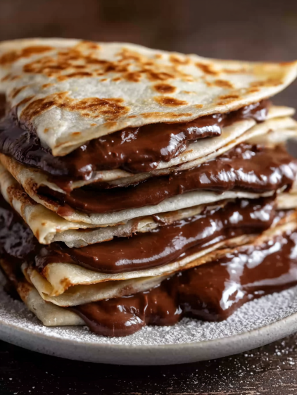 A stack of chocolate-covered crepes.