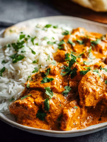 A plate of chicken tikka masala with rice.