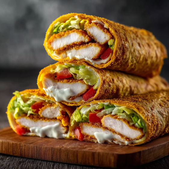 A delicious chicken wrap with cheese and garlic.