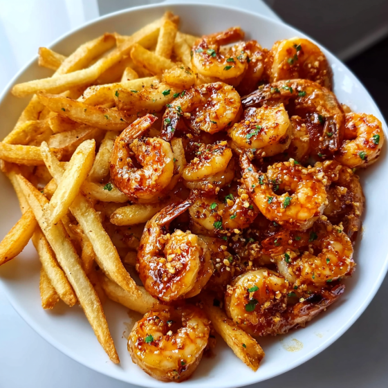 A plate of shrimp with garlic and honey sauce and french fries.
