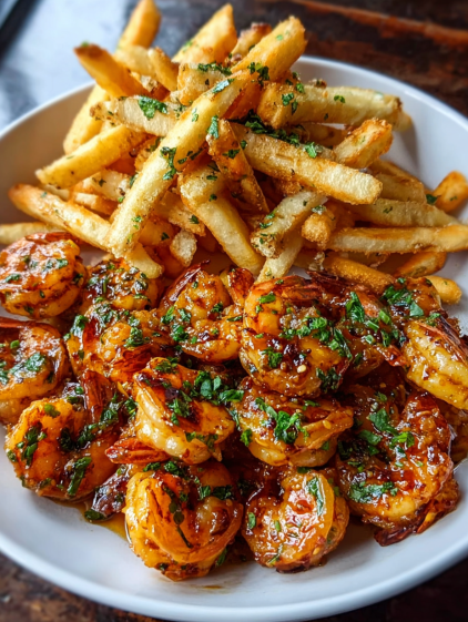 A plate of shrimp with a spicy honey garlic sauce and crispy fries.