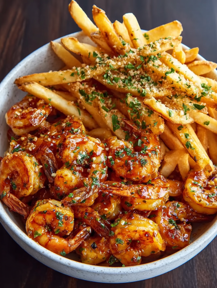 A bowl of shrimp and fries with a spicy honey garlic sauce.