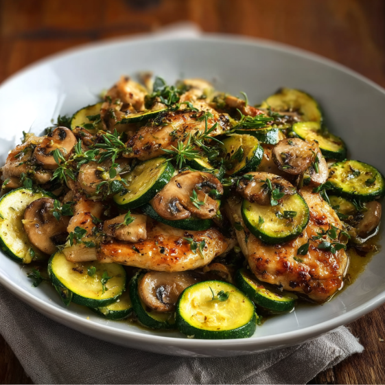 A plate of food with chicken, mushrooms and zucchini.