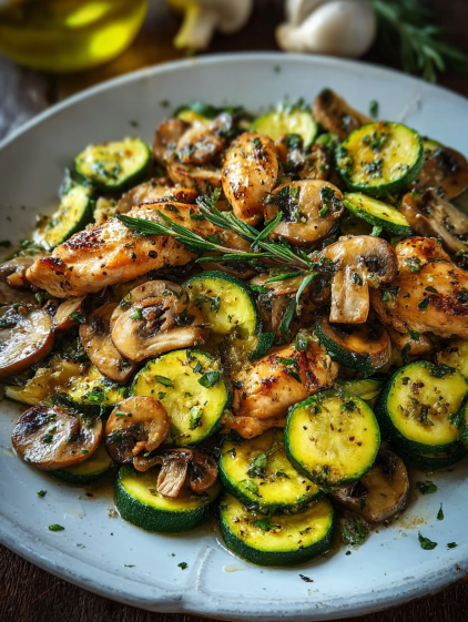 A plate of food with chicken, mushrooms and zucchini.