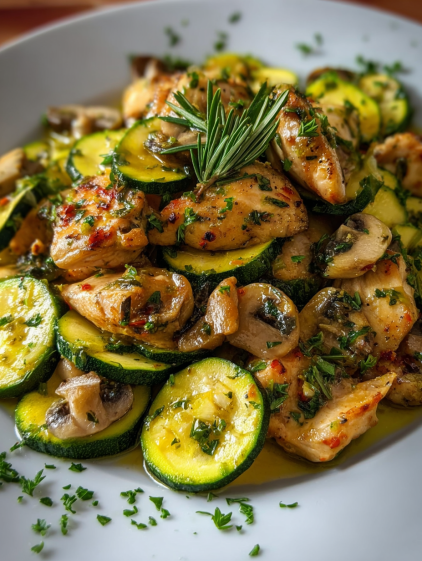 A plate of food with chicken, mushrooms and zucchini.