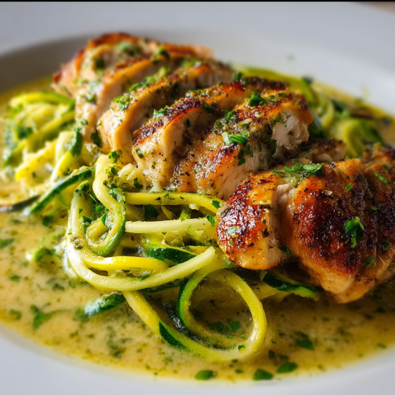 A delicious dish of chicken breast in creamy pesto sauce with zucchini noodles.