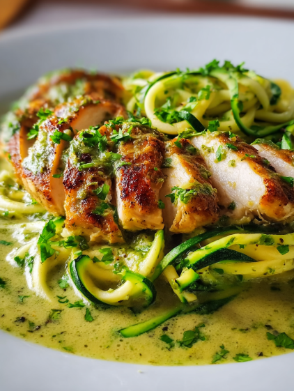 A delicious dish of chicken breast in creamy pesto sauce with zucchini noodles.