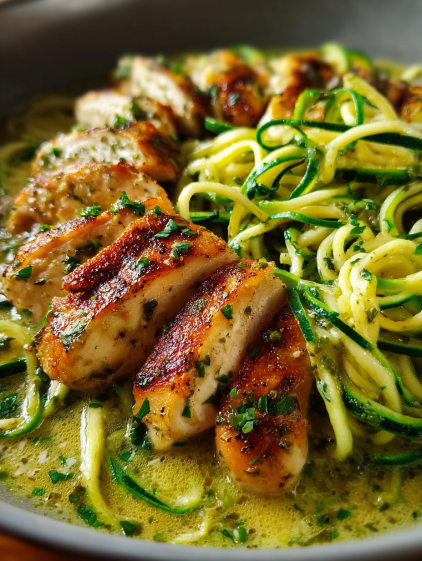 Chicken breast in creamy pesto sauce with zucchini noodles.