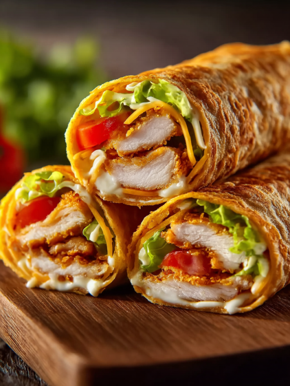 A delicious chicken wrap with cheese and garlic.