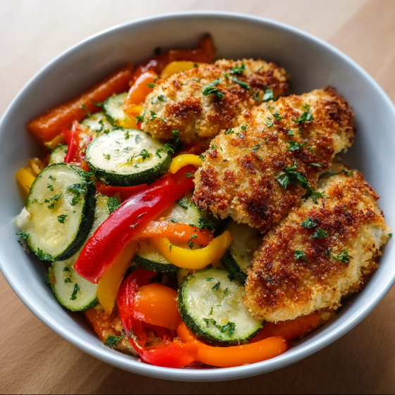 A bowl of food with chicken and vegetables.