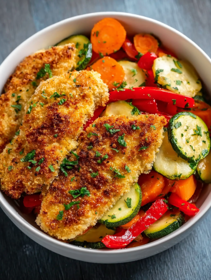 A bowl of breaded chicken with vegetables.