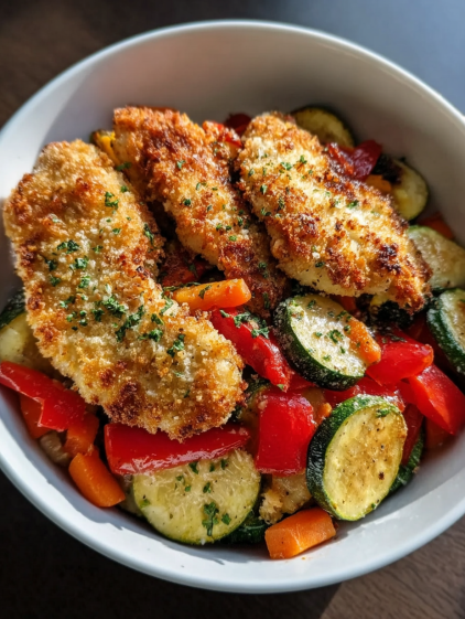 A dish of breaded chicken with vegetables.