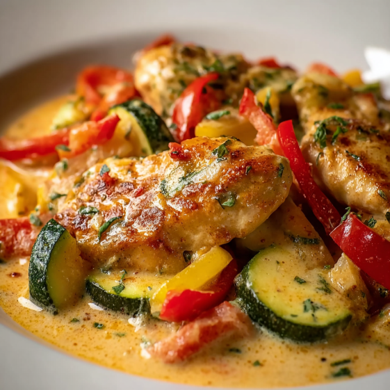 A plate of food with chicken, peppers, and zucchini.