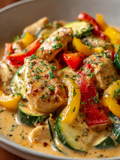 A dish of creamy chicken with peppers and zucchini.