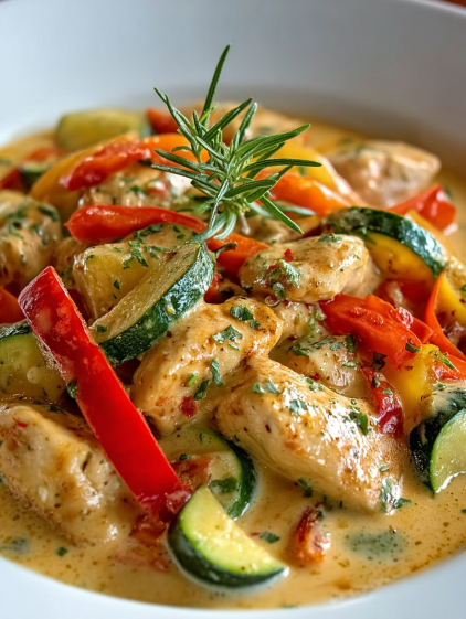 A creamy chicken dish with peppers and zucchini.