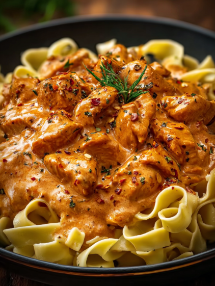 A delicious creamy paprika chicken dish with tagliatelle.