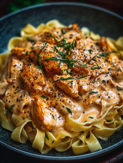 A delicious creamy paprika chicken dish with tagliatelle.
