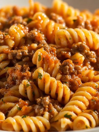 A delicious creamy pasta dish with minced meat and tomato sauce.