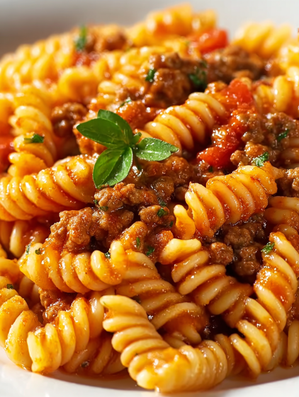 A delicious creamy pasta dish with minced meat and tomato sauce.