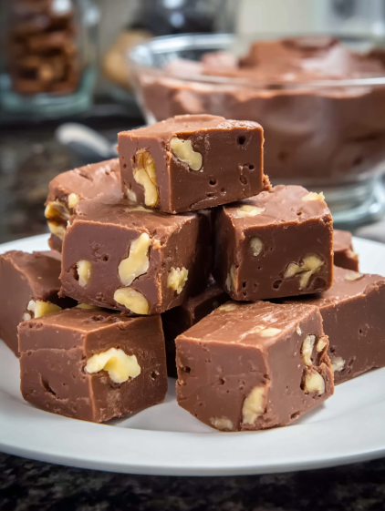 A stack of chocolate squares with nuts on top.