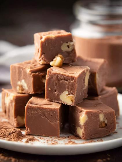 A stack of brownies with nuts on top.