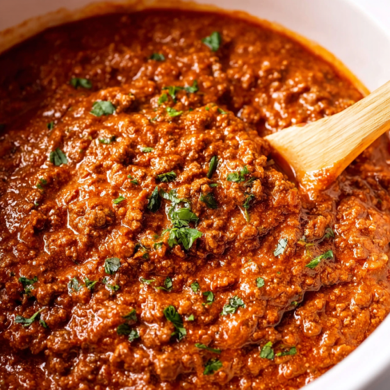A spoon is in a bowl of taco meat.
