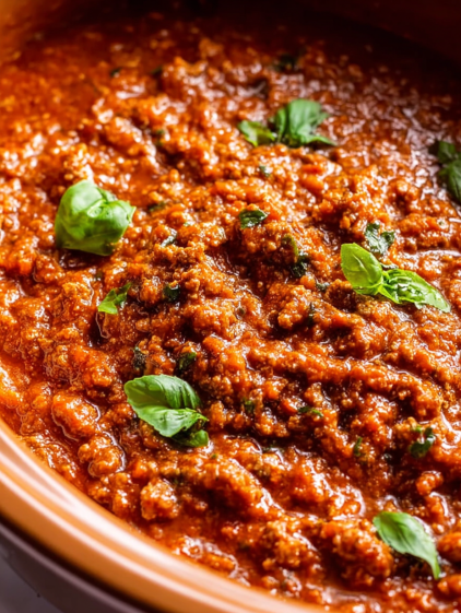 A bowl of red sauce with green leaves on top.