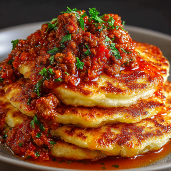 Chicken pancakes with bolognese sauce.