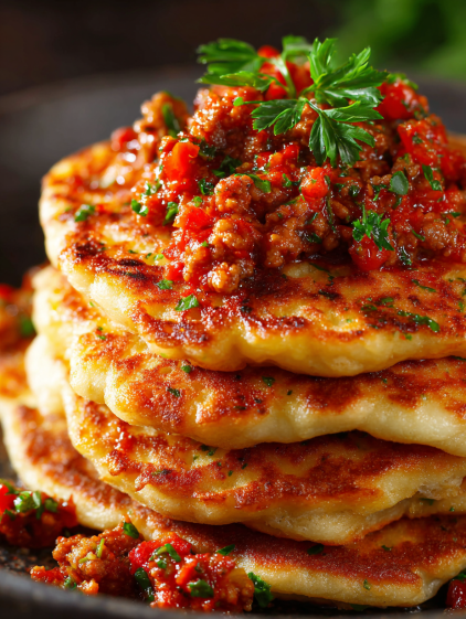 A stack of chicken pancakes with bolognese sauce on top.