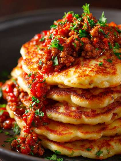 A stack of chicken pancakes with bolognese sauce.
