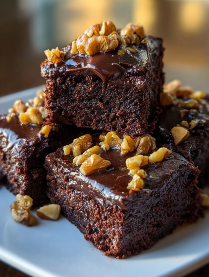 Chocolate cake with nuts on top.